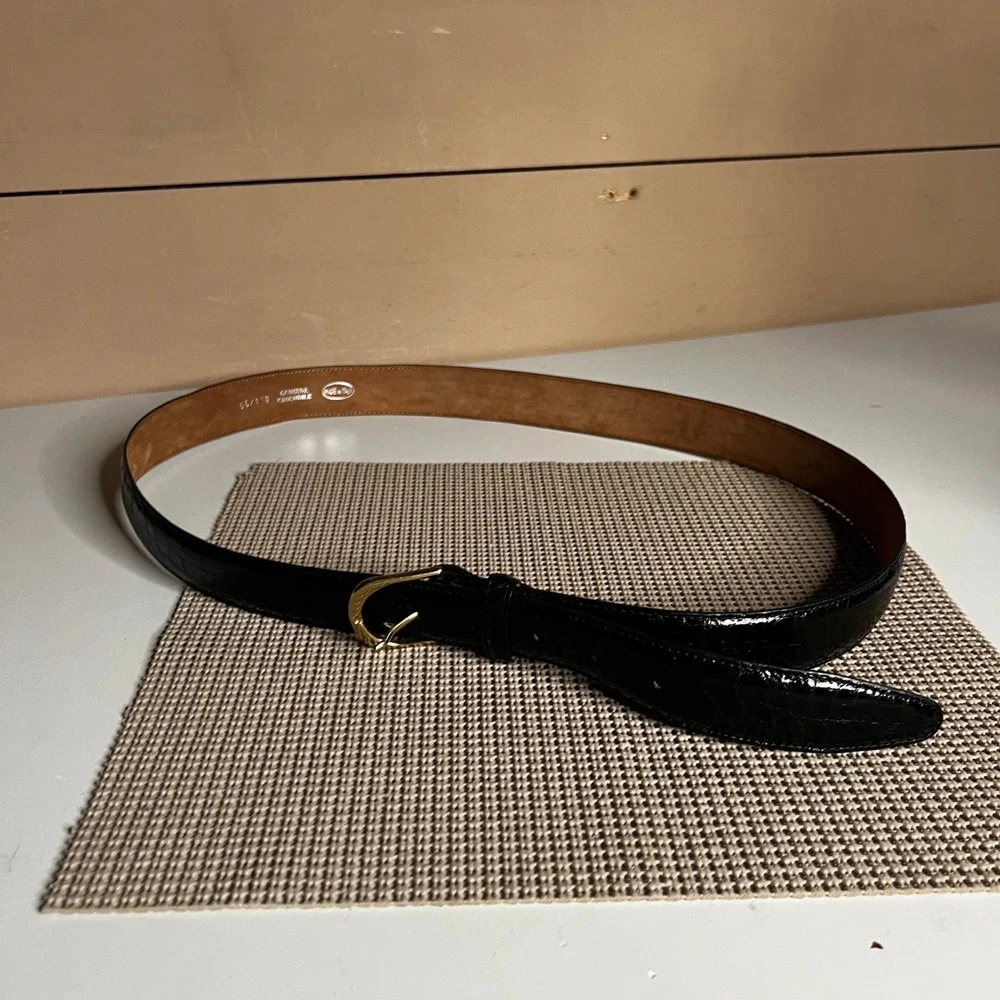 Genuine Crocodile Leather Belt Mens 56/110 Black Exotic Skin Made in Italy Gold